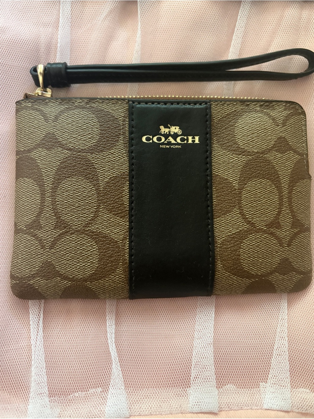 Coach Brown Signature Canvas Wristlet with Black Center Stripe